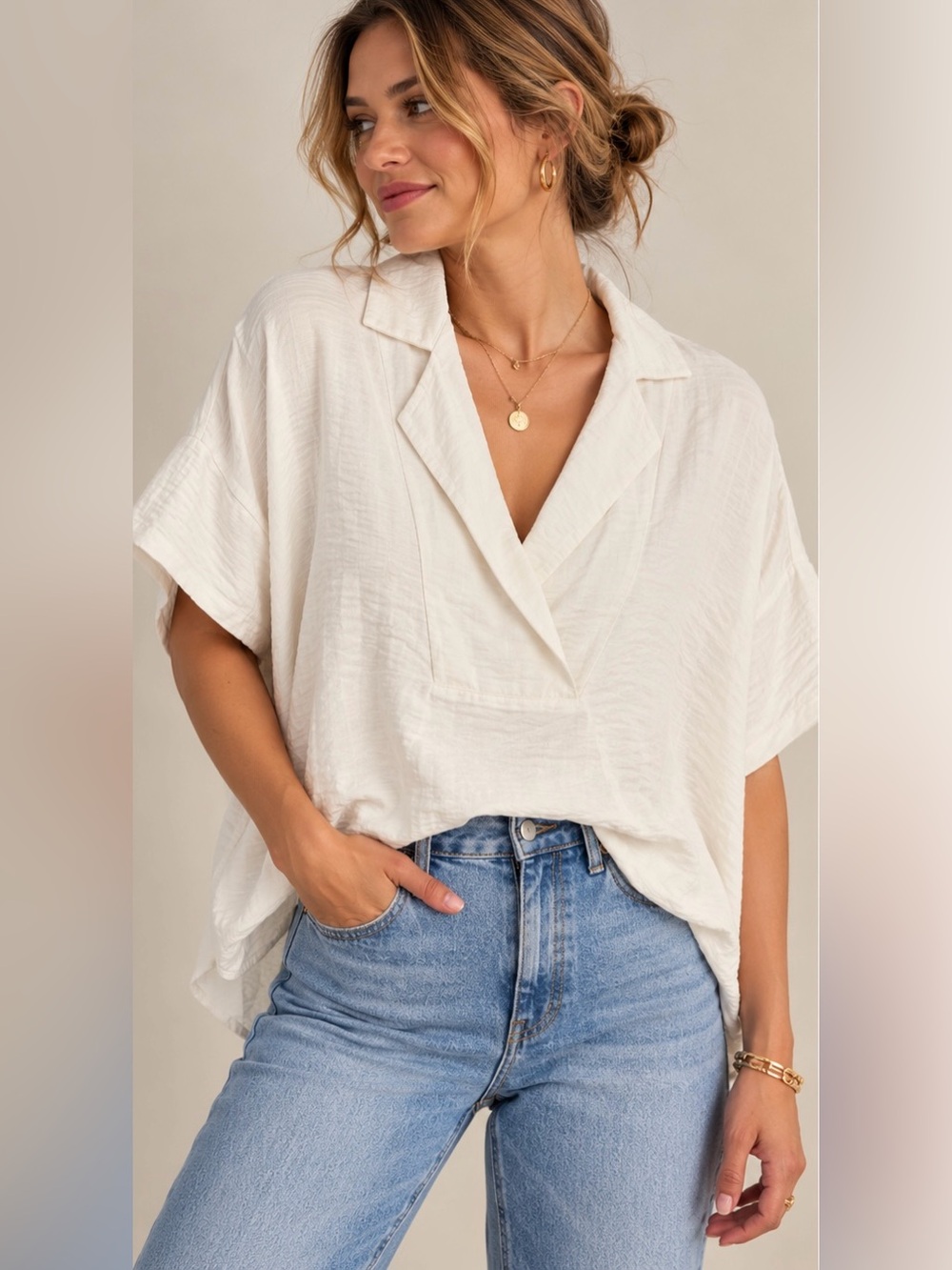 Anthropologie The Dylon Short-Sleeve Wide-Placket Top in Cream